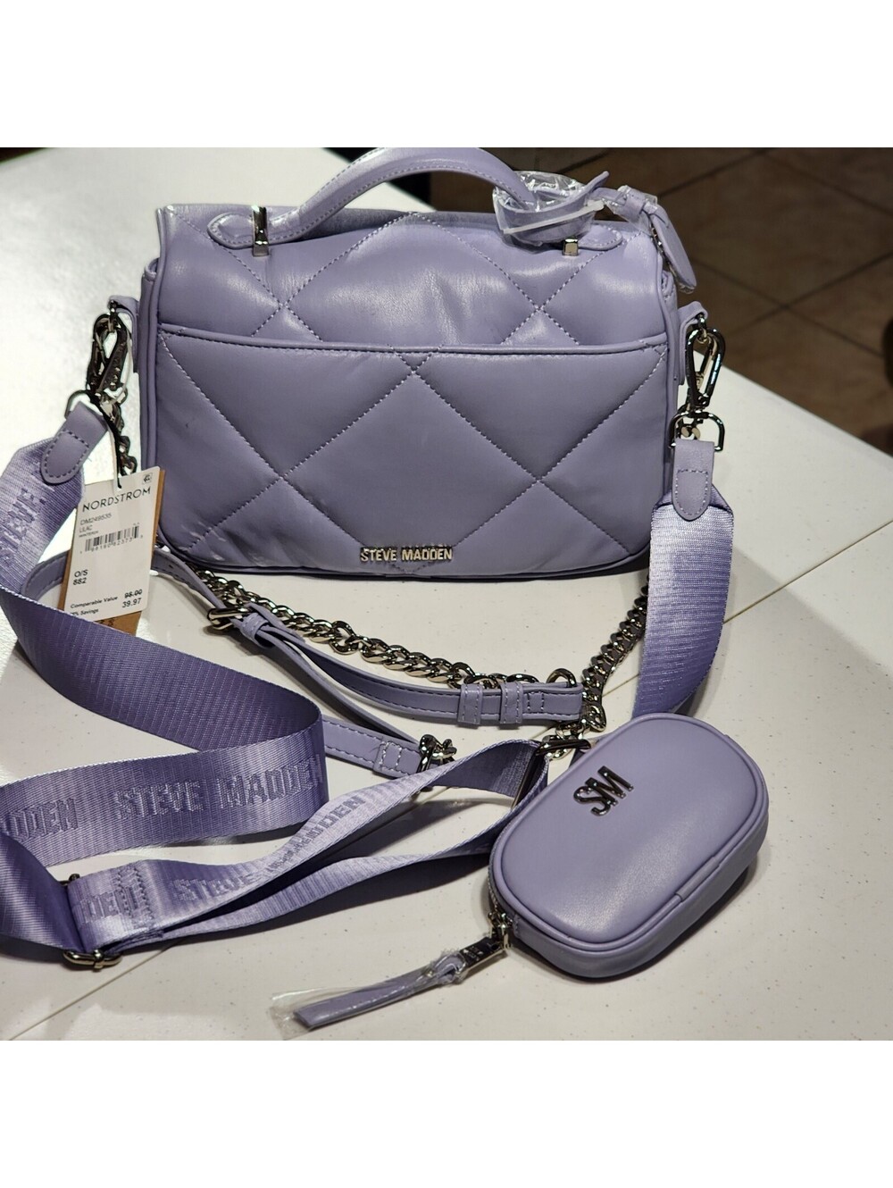Steve Madden Lilac Quilted Satchel Bag with Chain & Detachable Strap, Coin Purse